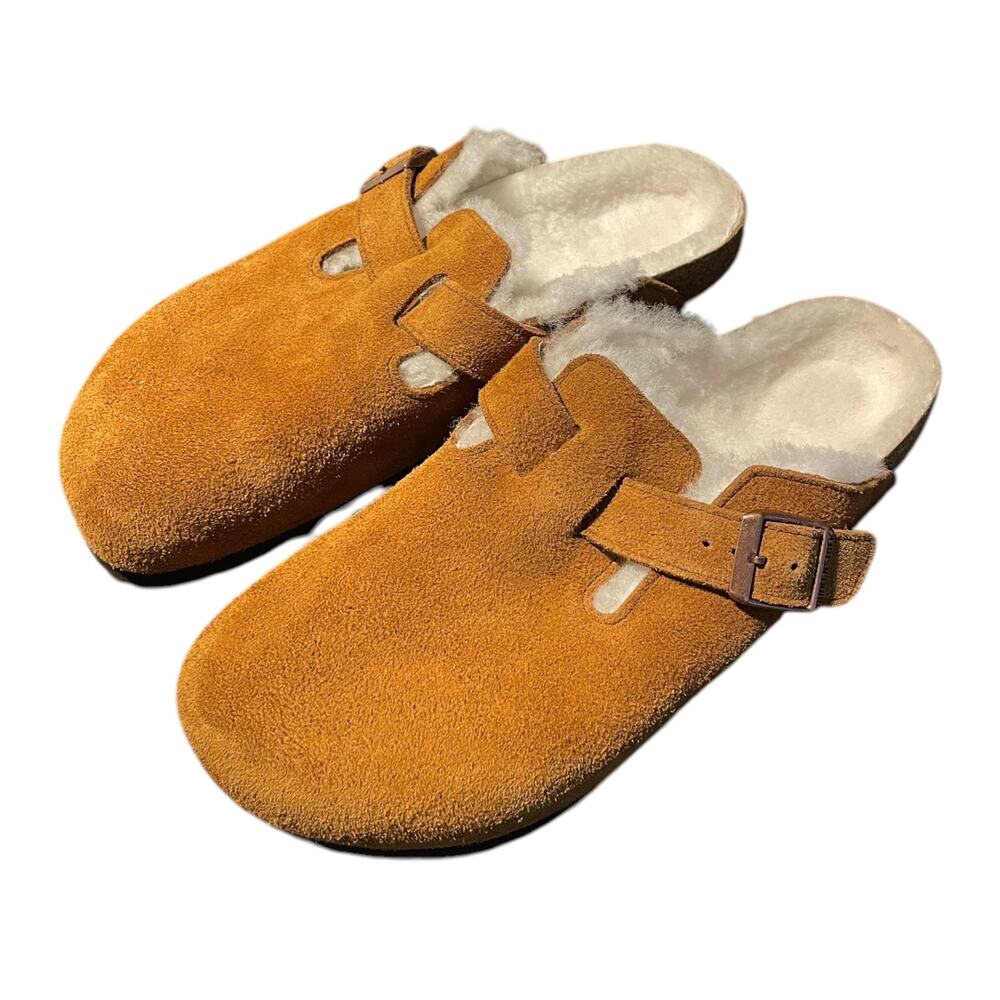 Birkenstock Suede Clog Sandals in Cognac Brown with Cream Shearling - Picture 7 of 11